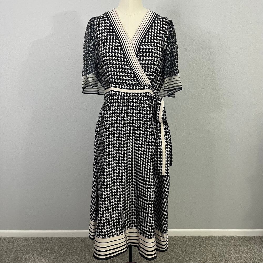 Luxury Mulberry Silk Blend Houndstooth Midi Dress - Size M